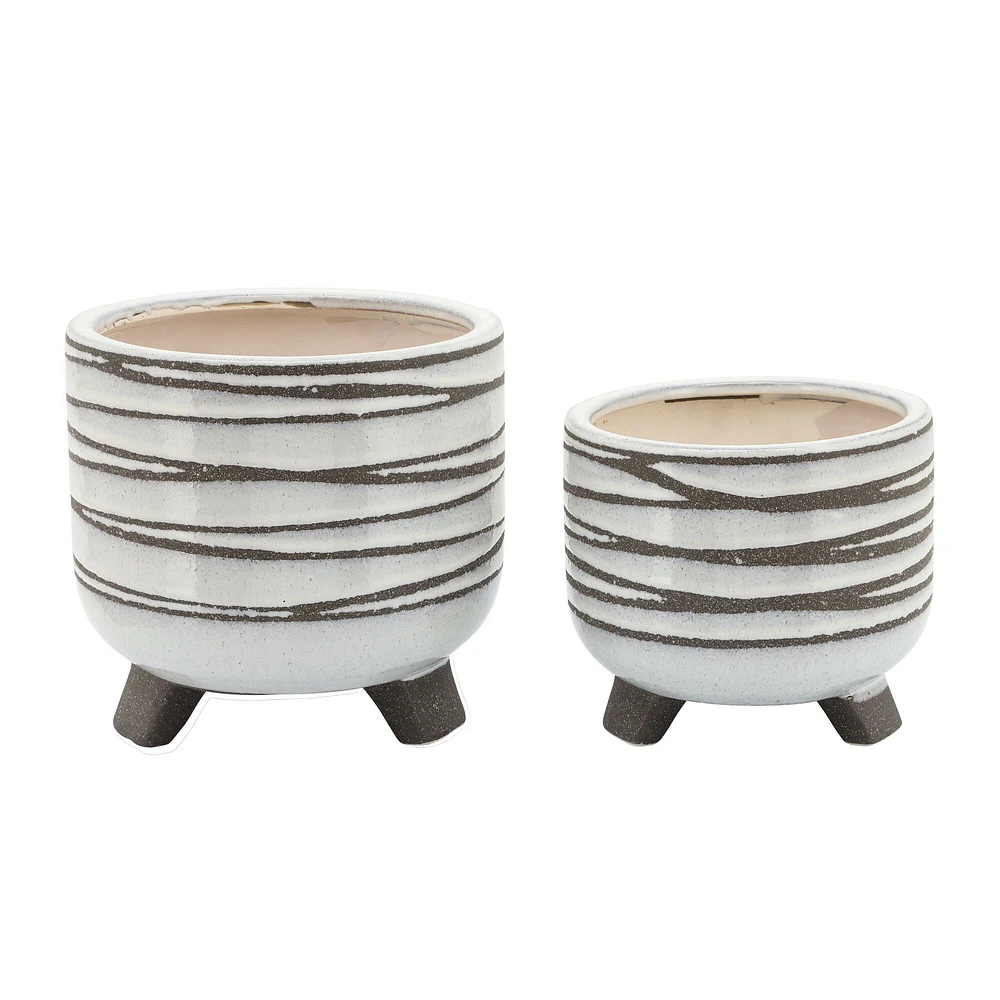 Kingston Living Set of 2 White and Beige Ceramic Outdoor Footed Planters 8"