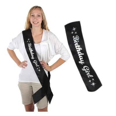 Party Central Pack of 6 Black and Silver Glittered 'Birthday Girl' Sash Costume Accessories 33"