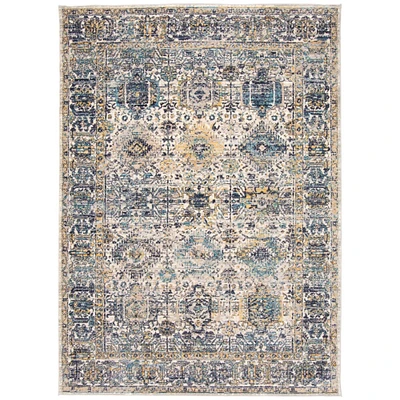 Chaudhary Living 6.5' x 8' Off White and Blue Vintage Geometric Rectangular Area Throw Rug