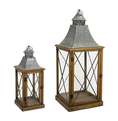 Diva At Home Set of 2 Gray and Brown Distressed Wood Finish Lantern with Handle and Glass Sides 33.5"
