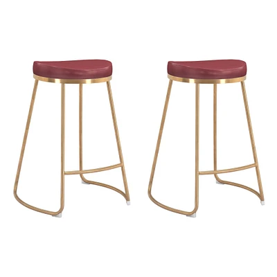 Modern Home Set of 2 Burgundy and Gold Upholstered Stackable Counter Stools 26.25"