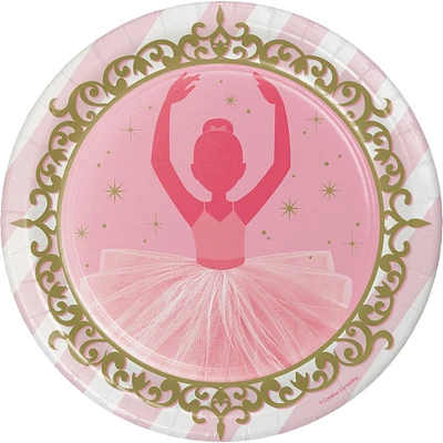 Party Central Club Pack of 96 Pink and Gold Twinkle Toes Ballerina Dinner Plates 8.75"