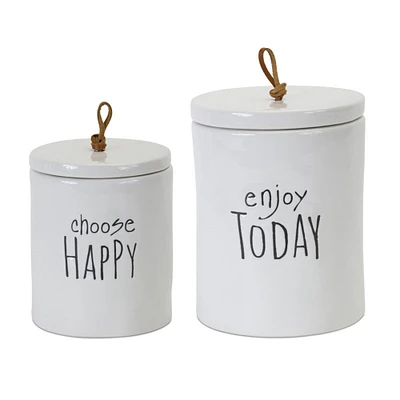 Contemporary Home Living Set of 2 White Stoneware Canisters 7.25"