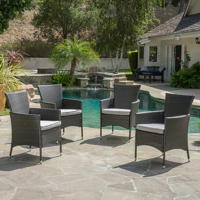 GDF Studio Brascha Contemporary Outdoor Gray PE Wicker Dining Chairs with Cushions (Set of 4)