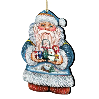 Designocracy Set of 2 Santa Claus Holding Matreshka Snowmen Wooden Christmas Ornaments 5.5"