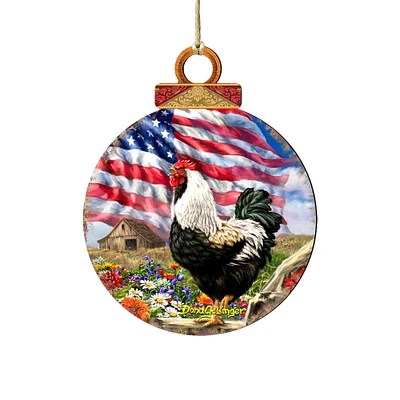 Designocracy Set of 2 Rooster American Flag Wooden Christmas Ornaments 5.5"