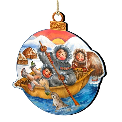 Designocracy Set of 2 Ride the Waves to North Pole Santa Wooden Christmas Ornaments 5.5"