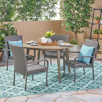 GDFStudio Ivey Outdoor 5 Piece Wood and Wicker Dining Set