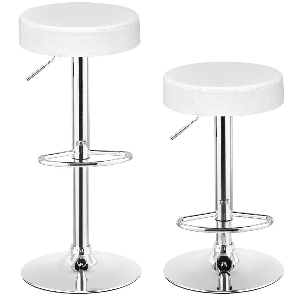 Gymax Set of 2 Adjustable Round Leather Seat Hydraulic Swivel Bar Stool White