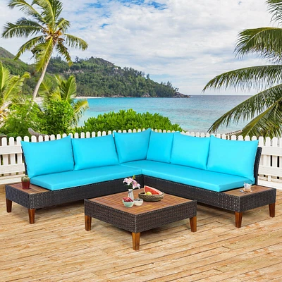 4 Pieces Patio Cushioned Rattan Furniture Set with Wooden Side Table