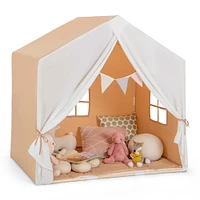 Costway Kid's Play Tent Toddler Playhouse Castle Solid Wood Frame with Washable Mat Orange/Pink