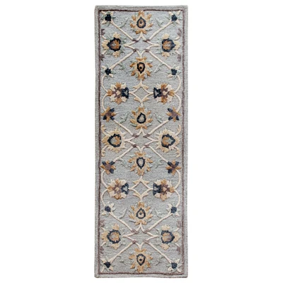 Laddha Home Designs 2.25' x 8.75' Blue and Beige Floral Filigree Handmade Rectangular Wool Rug Runner