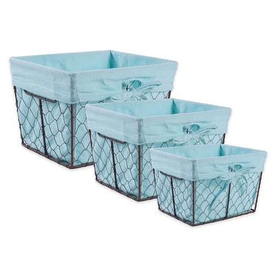 Contemporary Home Living Set of 3 Black Iron and Aqua Blue Home Essentials and Collectibles Chicken Wire Baskets, 12.5"