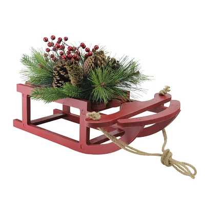 Allstate 15" Red Berry and Pine Cones Wooden Sleigh Christmas Table Top Decoration