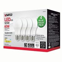 4Pk - Satco 9.5w 120v A19 LED Bulb 3000k Soft White - 60w-equiv