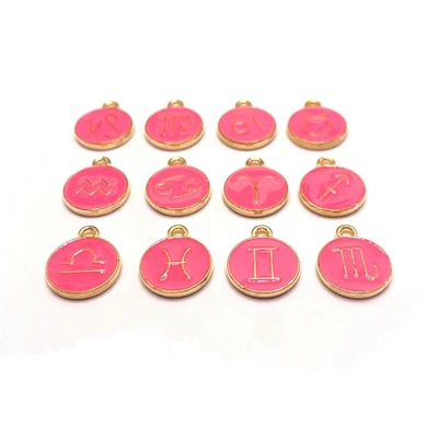 12 or 60 Pieces: Bright Pink Enamel and Gold Zodiac/Astrology Charms, Double Sided