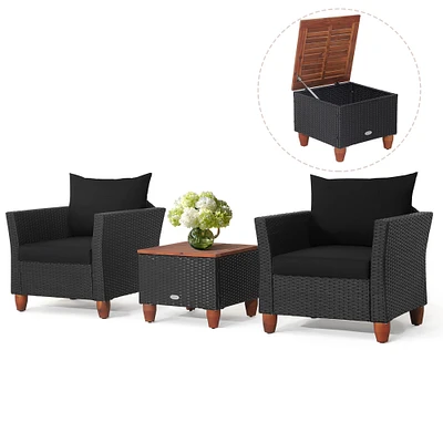 Costway 3PCS Patio Rattan Furniture Set Cushioned Sofa Storage Table with Wood Top Red/Black