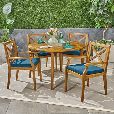 GDF Studio Jenson Outdoor 5 Piece Acacia Wood Dining Set with Cushions