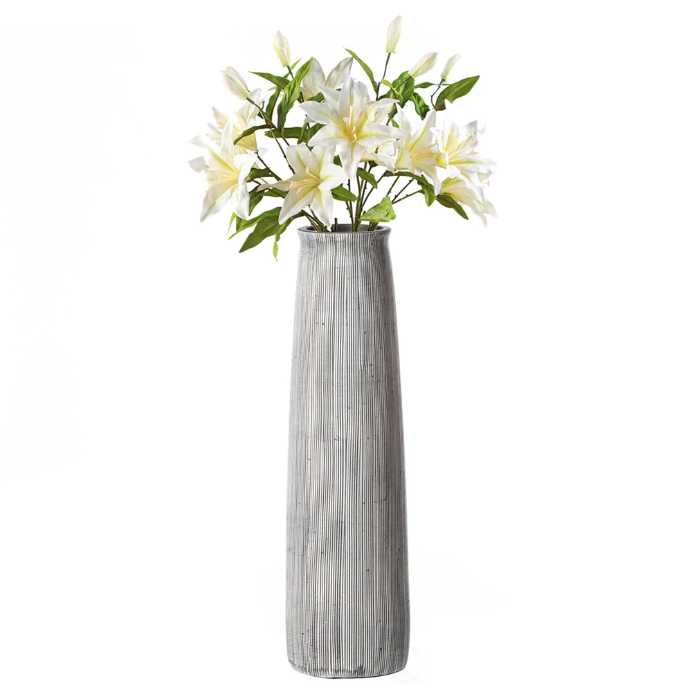 Uniquewise Decorative Modern Round Table Centerpiece Flower Vase with Gray Striped Design