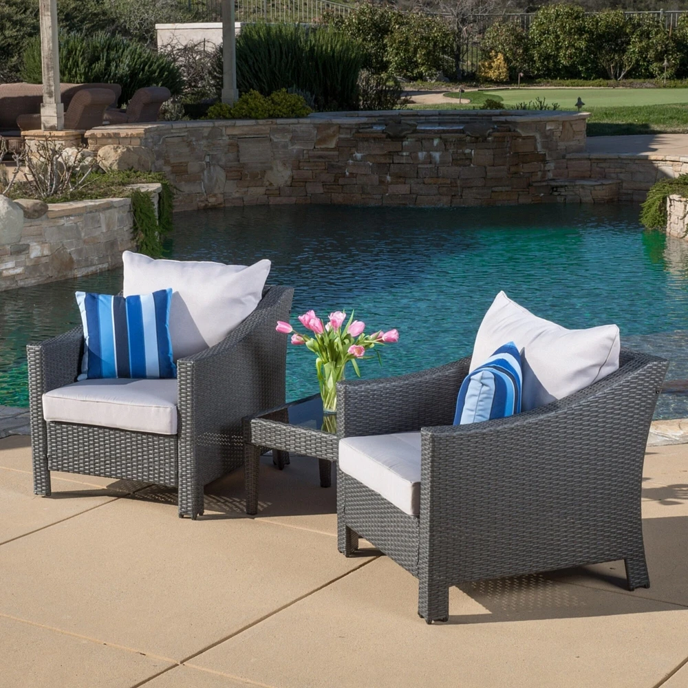 GDF Studio Antibes Outdoor 3pc Grey Polyethylene Chat Set