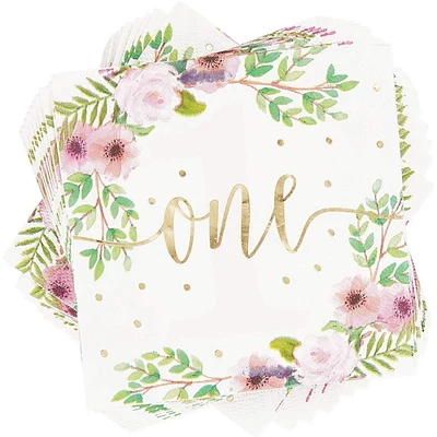 Floral Decorations for 1st Birthday Party Supplies, Napkins (4.9 x 4.9 Inches, 50 Pack)