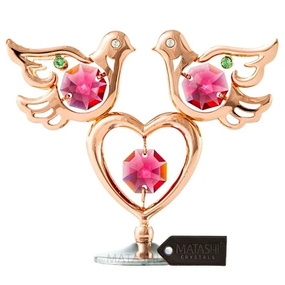 Matashi Rose Gold Plated Love Doves and Heart Table Top Ornament w/   Crystals Miniature Home decor and Memory Keepsake