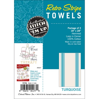 Aunt Martha's Stitch 'Em Up Retro Stripe Towels 18"X28" 3/Pk-Turquoise Stripe