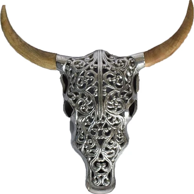 Signature Home Collection 17" Silver and Brown Cattle Skull Mango Wood Wall Sculpture