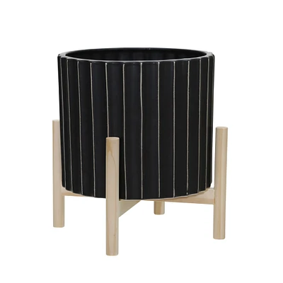 Kingston Living 12" Black and Brown Ceramic Fluted Planter with Wood Stand