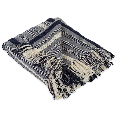 Contemporary Home Living 60" Navy Blue and White Striped Rectangular Braided Cotton Throw