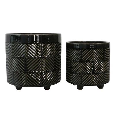 Kingston Living Set of 2 Shiny Black Textured Footed Ceramic Planters 8"