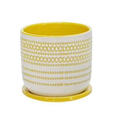 Kingston Living 6" White and Yellow Ceramic Outdoor Round Planter with Saucer