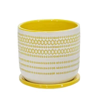 Kingston Living 6" White and Yellow Ceramic Outdoor Round Planter with Saucer