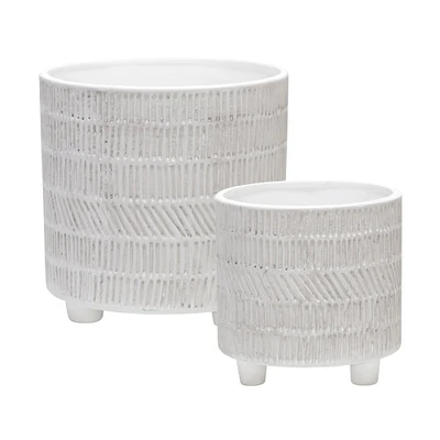 Kingston Living Set of 2 Ivory and Beige Tribal Footed Ceramic Outdoor Planters 8"