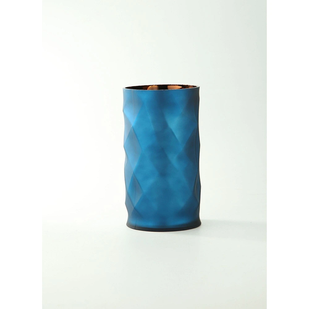 CC Home Furnishings 10" Blue Geometric Faceted Glass Cylindrical Vase