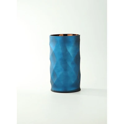 CC Home Furnishings 10" Blue Geometric Faceted Glass Cylindrical Vase