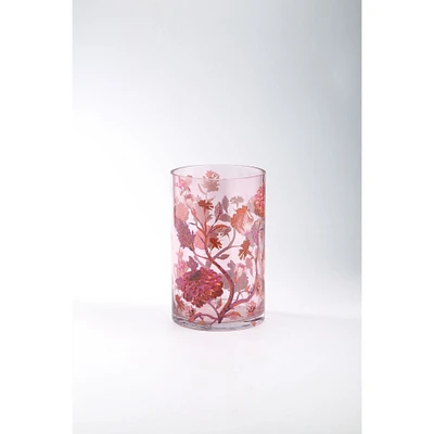 CC Home Furnishings 9.5" Red and Purple Floral Pattern Cylindrical Hand Blown Glass Vase
