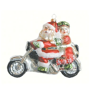 GC Home & Garden 6.5” Red and Black Motorcycle Santa Hand Blown Glass Hanging Figurine Ornament