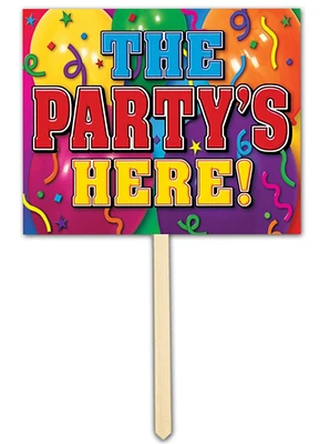 Party Central Pack of 6 Vibrantly Colored 'The Party's Here!' Yard Stake Sign Party Decorations 15"