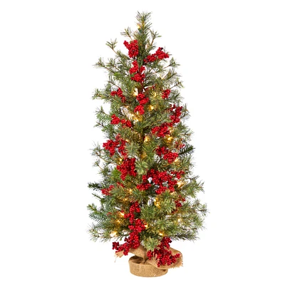 Nearly Natural 3' Pre-Lit Berries and Pine Artificial Christmas Potted Tree, Warm White Lights