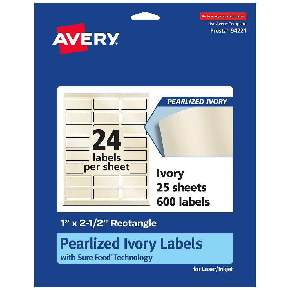 Avery Pearlized Ivory Rectangle Labels with Sure Feed Technology, 1" x 2.5"