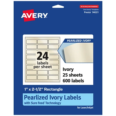 Avery Pearlized Ivory Rectangle Labels with Sure Feed Technology, 1" x 2.5"