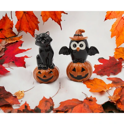 kevinsgiftshoppe Ceramic Halloween Decor Black Owl And Black Cat On Pumpkin Salt And Pepper, Home Dcor, Gift for Her, Mom, Kitchen Dcor,