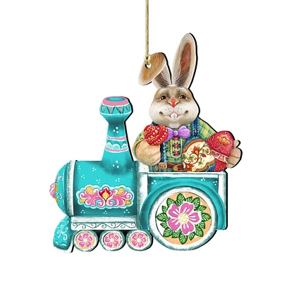 Designocracy Set of 2 Easter Bunny Train Ride in a Village Wooden Christmas Ornaments 5.5"