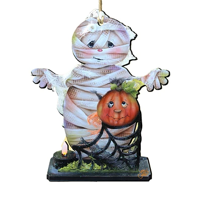 Designocracy Set of 2 Mummy Pumpkin Wooden Halloween Ornaments 5.5"