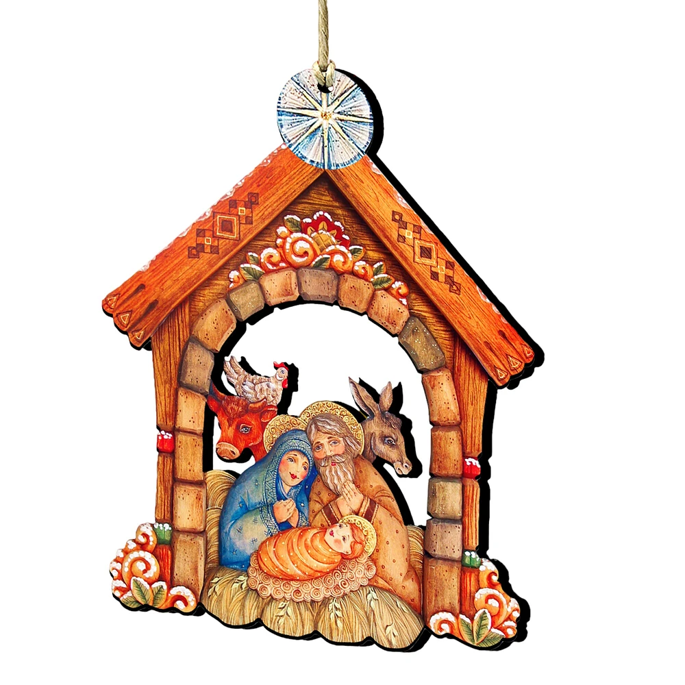 Designocracy Set of 2 Nativity House Scene Wooden Christmas Ornaments 5.5"