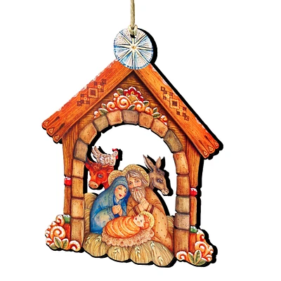 Designocracy Set of 2 Nativity House Scene Wooden Christmas Ornaments 5.5"