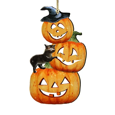 Designocracy Set of 2 Kitty Stacking Pumpkins Wooden Halloween Ornaments 5.5"