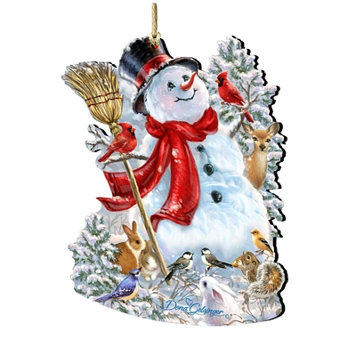 Designocracy Set of 2 Old World Snowman with Friends Wooden Christmas Ornaments 5.5"