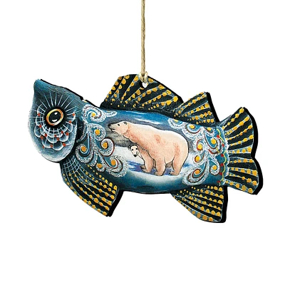 Designocracy Set of 2 Frosty Fish with Polar Bears Wooden Christmas Ornaments 5.5"